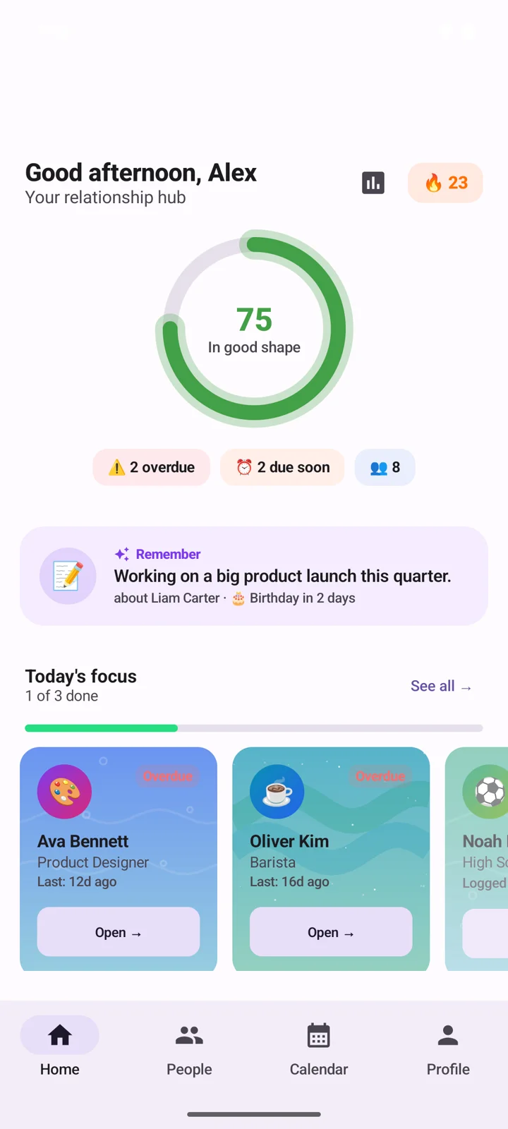 Orbit home screen with relationship score, streak and today's focus