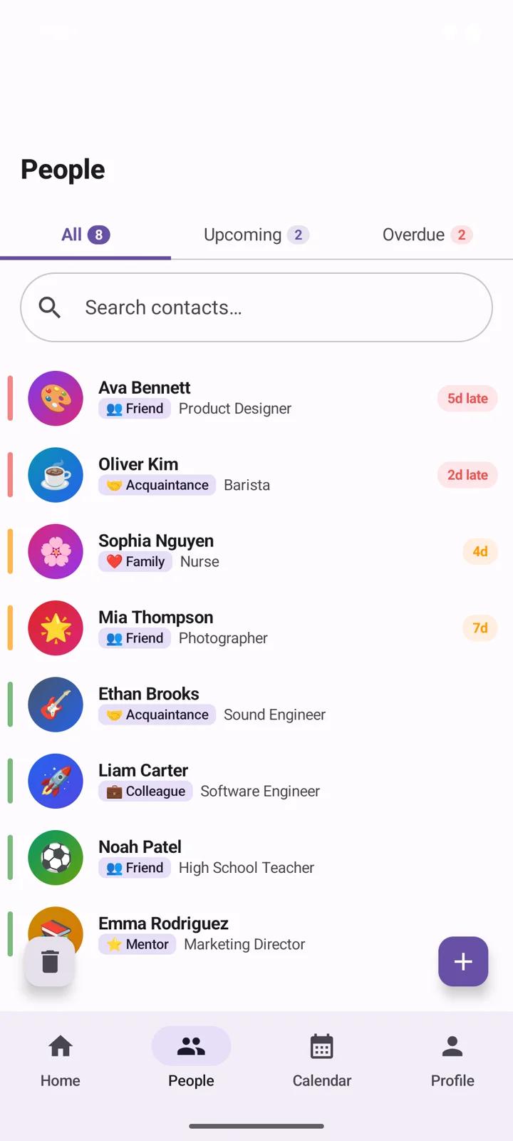 People list with colourful avatars and check-in reminders