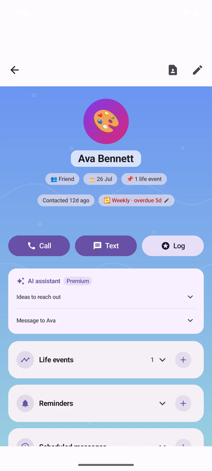 A contact page with birthday, role and notes