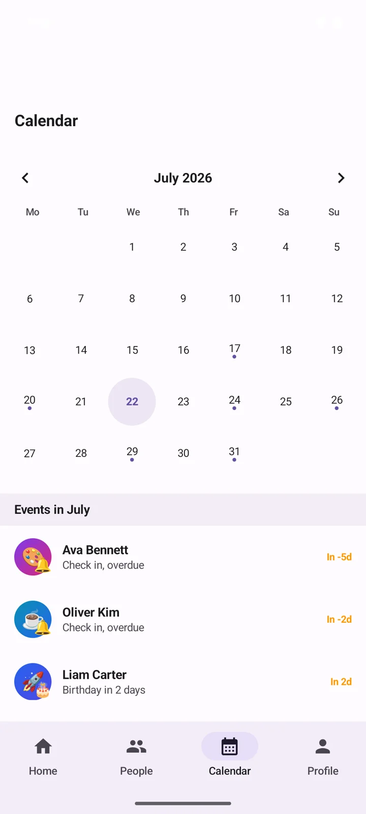 Calendar with birthdays and check-ins marked