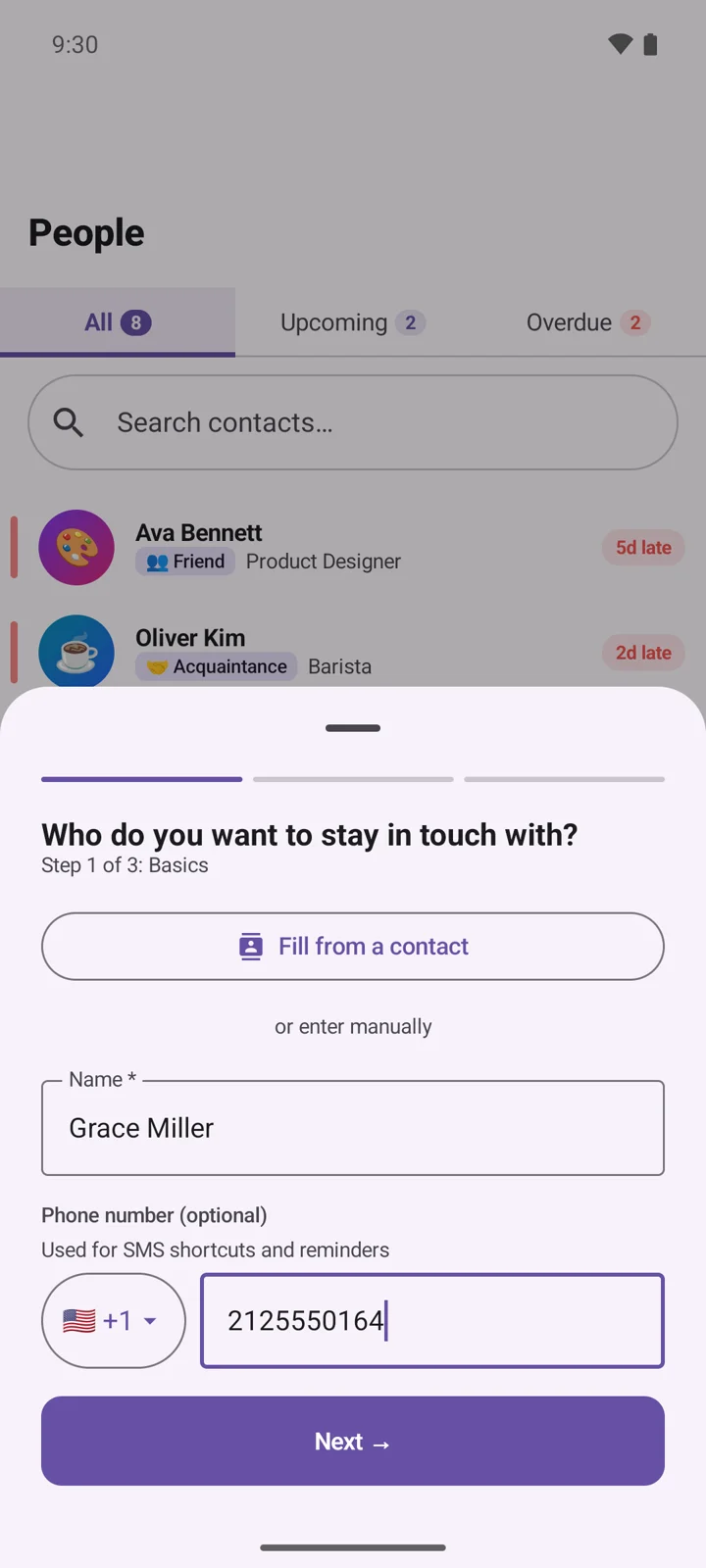Adding a new contact with phone number and details
